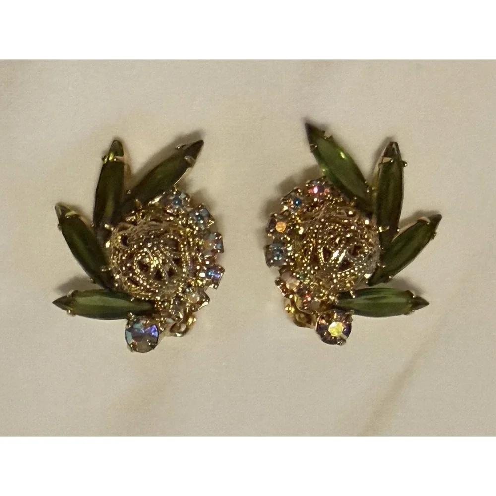 Juliana Clip On Earrings Green & AB Rhinestones